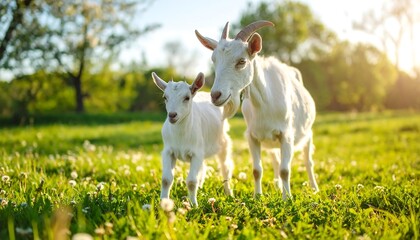 Two white goats in a sun-drenched meadow of wildflowers