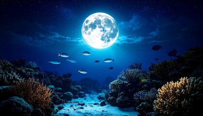 Underwater coral reef at night, moonlit