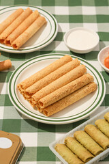 Crispy baked egg roll snacks, puffed food and fried in studio shot
