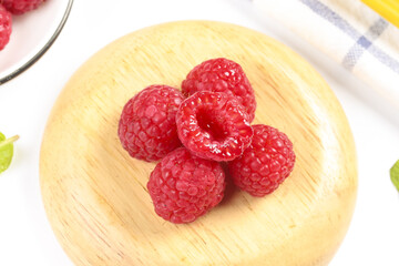 Fresh Red Raspberries on Wooden Board - Healthy Organic Berry Food Photography