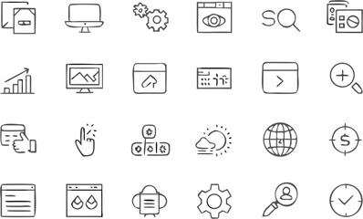 Vector illustration of various seo and website related icons including graphs settings and search functions tools
