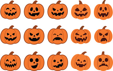 Spooky Halloween pumpkin faces expressing a range of emotions for invitations and party decorations