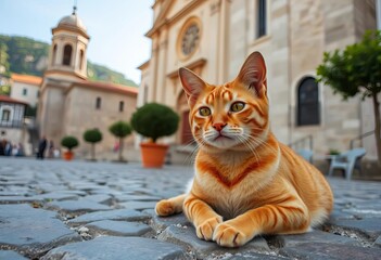Fototapeta premium Orange tabby cat rests on cobblestones before St Tryphon Cathedral, Kotor, Montenegro, stock photo, shadows