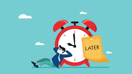 Procrastination or wasting work time with businessman sleeping leaning on an alarm clock with the word later written on paper sticky notes, delaying work or wasting time, laziness to do a task or job
