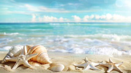 Obraz na płótnie Canvas starfish and seashell on the summer beach in sea water.