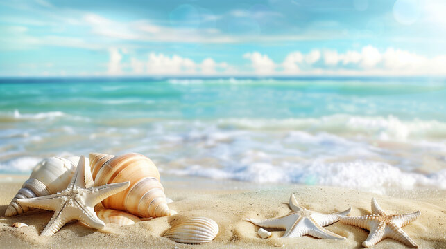 starfish and seashell on the summer beach in sea water. - Powered by Adobe