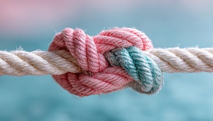 Close-up of a knot tied in two ropes, pink and teal