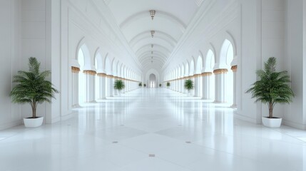 Architectural splendor: An expansive corridor adorned with arches and pristine flora evokes