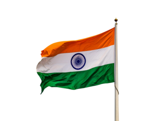 Indian Flag on Tall Metal Pole, Side View in Wind, isolated on transparent background PNG
