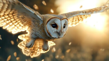 Barn Owl in Flight Radiating Light and Beauty over the Landscape, a Captivating Moment