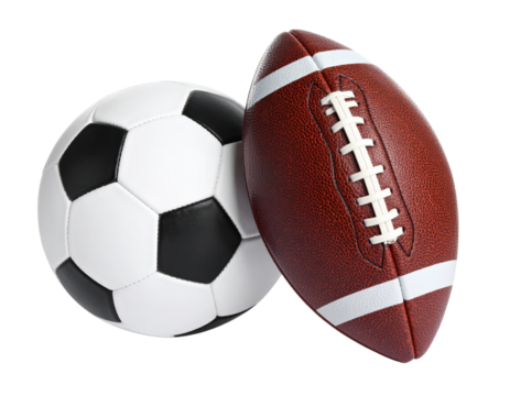 Classic Black and White Soccer Ball with Brown American Football, Isolated PNG