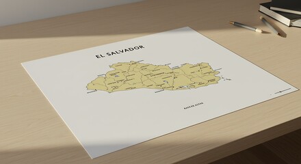 Obraz premium A map of El Salvador displayed on a desk, featuring geographical details and labels.
