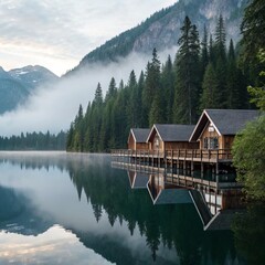 Obraz premium Lake cabins reflection mountain forest landscape scenic travel destination view calm