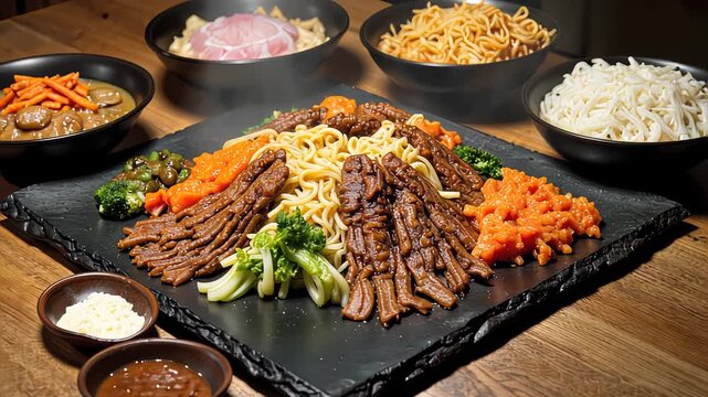 Succulent Barbecued Ribs Accompanied by Steaming Noodles and Aromatic Vegetables on a Rustic Wooden Table Setting