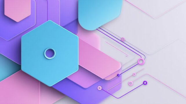 Abstract Geometric Technology Illustration with Hexagons and Circuit Lines in Soft Blue and Pink Colors