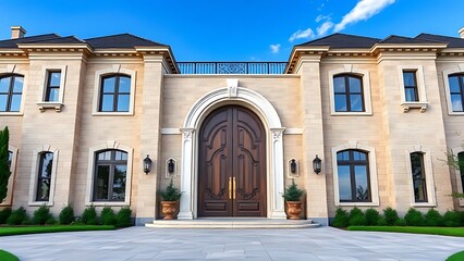 Obraz premium A grand luxury house entrance with elegant stone facade, surrounded by lush greenery and blue skies.