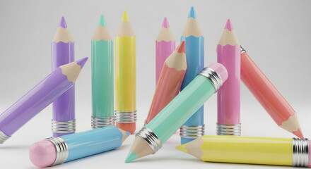 Bright pastel 3D pencils with glossy smooth surfaces illustration
