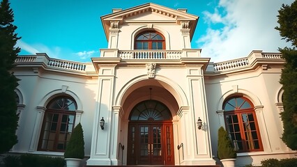 Obraz premium Grand mansion entrance featuring intricate architectural details under clear daylight skies.