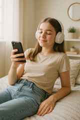 Happy Girl Enjoying Music on Mobile with Headphones Indoors