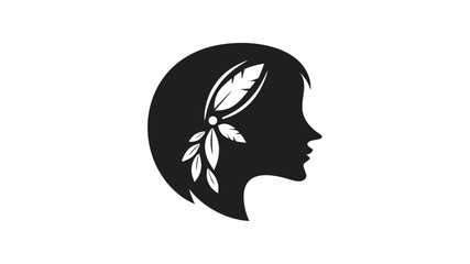 Silhouette of a woman with short hair adorned with leaves and a feather in a black and white design | editable eps vectors