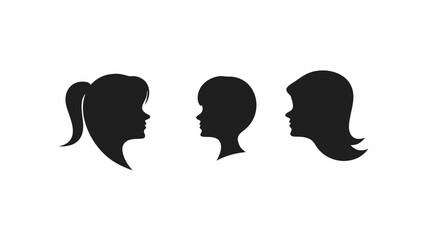 Three female head silhouettes with different hairstyles in black on a white background design art | editable eps vectors