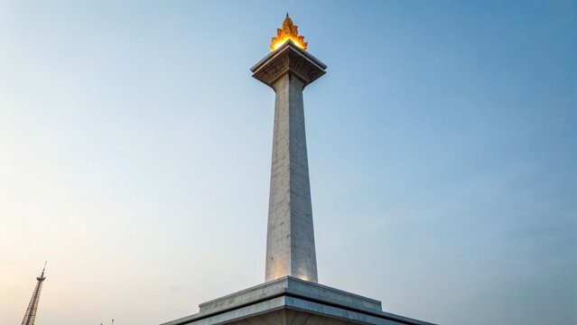 Low Angle View of National Monument Monas in Jakarta with Golden Flame Under Blue Sky
