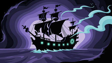 Pirate ship at sea in cartoon style purple and teal, nautical fantasy -