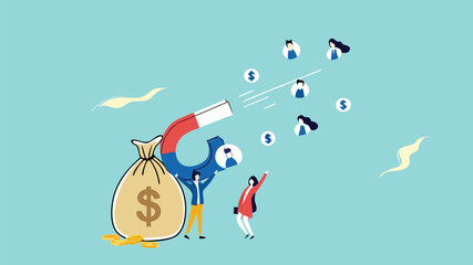 Customer acquisition cost or CAC, marketing expense on customer retention, advertising cost for lead generation, businessman uses magnets with dollar costs to attract customers
