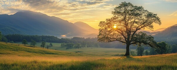 Morning mountain landscape, showcasing the beauty of nature and tranquility. The scene captures the early light and peaceful serenity of a mountain setting, ideal for showcasing, Generative AI