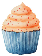 Watercolor cupcake with orange frosting and blue wrapper, sweet and cheerful design