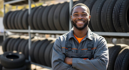 Happy mechanic smiling confidently at his tire shop, ready to help customers with all their automotive needs and provide excellent service.