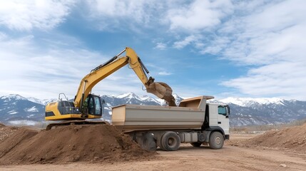 Excavator loading earth into dump truck at construction site