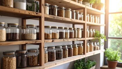 Sunlit rustic shelves overflowing with glass jars of dried goods and potted herbs