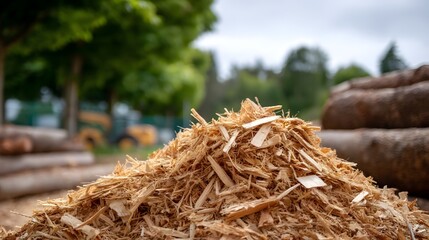 Pile of freshly cut wood chips and forest residues for biomass fuel