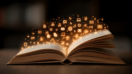 Open book transforming into a laptop with glowing icns, symbolizing online eduation, e-learning, and digtal learning resources