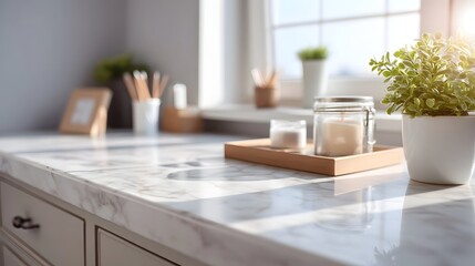Serene minimalist home office with marble countertop and soft daylight