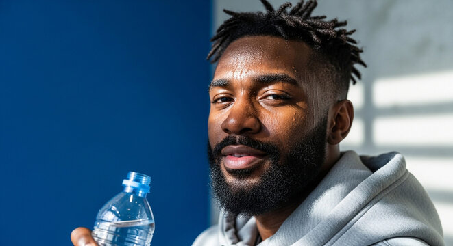 Athlete hydration african american man drinking water after workout fitness training - Powered by Adobe