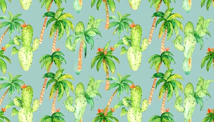Watercolor pattern of cactuses and palm trees creating a tropical desert vista filled with