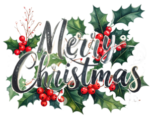 Hand-Drawn “Merry Christmas” Calligraphy with Holly and Berries, Festive Illustration, isolated on transparent background PNG