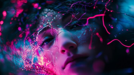 A vibrant portrait capturing a blend of human emotion and digital elements. This artwork invites contemplation of technology and connectivity. Generative AI