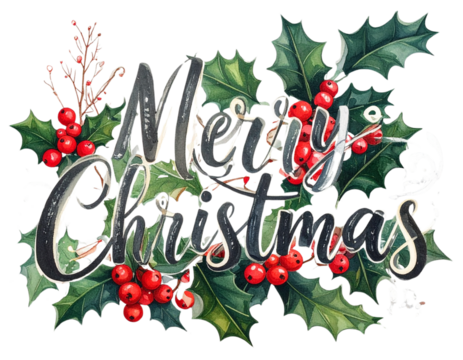 Hand-Drawn “Merry Christmas” Calligraphy with Holly and Berries, Festive Illustration, isolated on transparent background PNG
