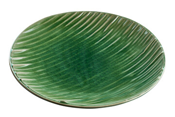 Empty plate with wavy pattern, Green plate with wave texture isolated on white background with clipping path, Side view  