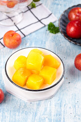 Fresh Yellow Peach Slices in Bowl with Red Plums on Blue Wooden Background - Guangdong Fruits