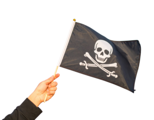 Hand Holding Pirate Flag on Short Pole, Skull Design Visible, isolated on transparent background PNG