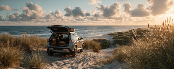 SUV parked on a sandy coastal dune at sunset