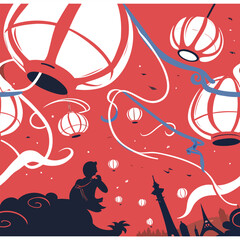 Obraz premium Silhouette of a person gazing at a vibrant sky filled with illuminated lanterns