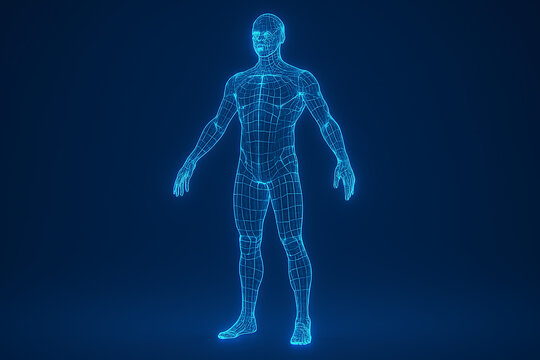 A full body digital wireframe of a male figure standing on a black surface, representing a digital avatar or a technological blueprint of a human