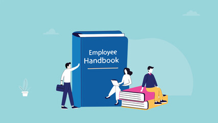 employee handbook, procedure book or company rules, company introduction guidebook for new employees, business manual to success, male and female employees read and understand the employee handbook
