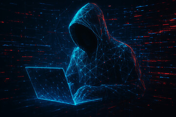 A high-tech digital wireframe of an anonymous hooded hacker working on a laptop in a dark environment with red binary code streaming in the background