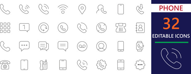 Modern line icons of phone, calls, messages, and contacts for communication design. Perfect for apps,  infographics, and digital projects.